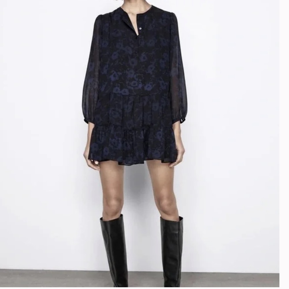 Zara Tiered Floral Mini Dress Textured Long Sleeve A Line Dress Size XS